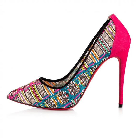 Christian Louboutin Follies Lace 100 Pink Black Hippie Suede Mesh Heel Pump 35.5 - Picture 3 of 12